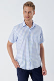 Short Sleeve Checked Stiff Collar Pocket Cotton Classic Comfort Fit Shirt 1004230206