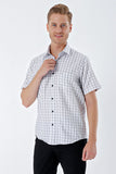 Short Sleeve Checked Stiff Collar Pocket Cotton Classic Comfort Fit Shirt 1004230206