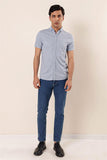 Ice Blue Short Sleeve Knitted Button Collar Pocketless Cotton Slim Fit Casual Shirt 1004230100