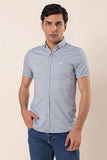 Ice Blue Short Sleeve Knitted Button Collar Pocketless Cotton Slim Fit Casual Shirt 1004230100