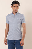 Ice Blue Short Sleeve Knitted Button Collar Pocketless Cotton Slim Fit Casual Shirt 1004230100