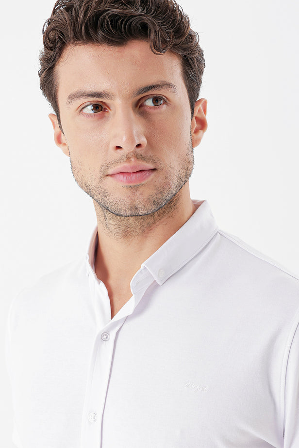 Long Sleeve Self Patterned Textured Hard Collar Pocket Comfort Fit Shirt 1004250178