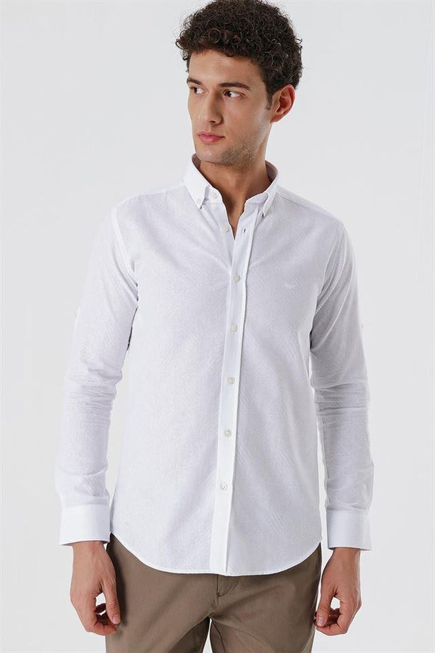 Lilac White Convertible Sleeve Smart Collar Pocketless Slim Fit Shirt 1004250229