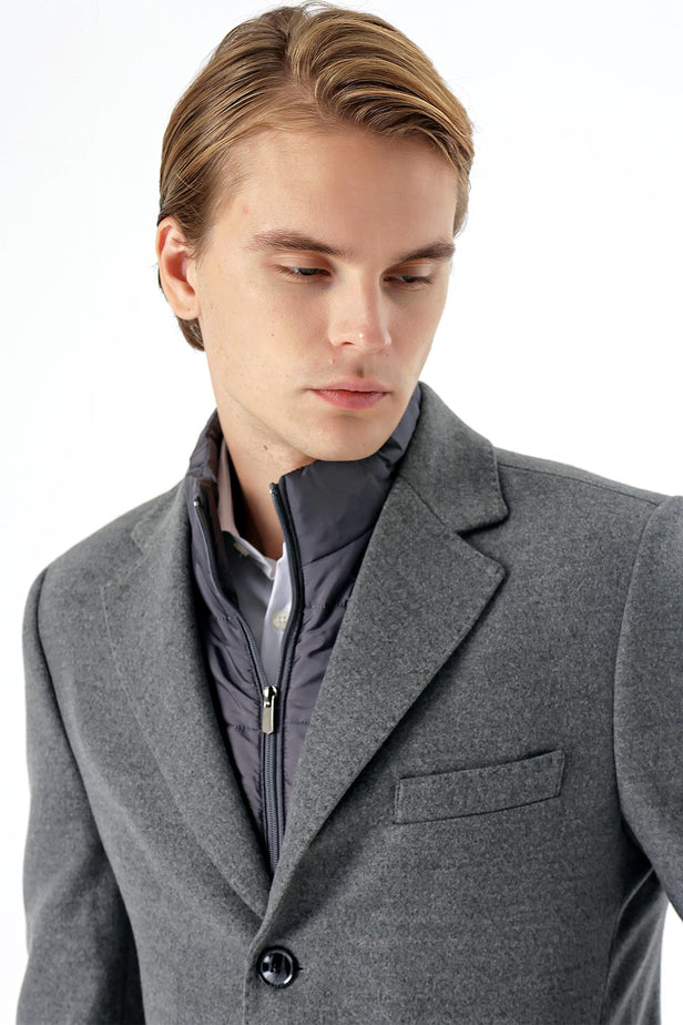 Felt Notch Lapel Quilted-Lined Slim Fit Classic Long Coat 1008235167