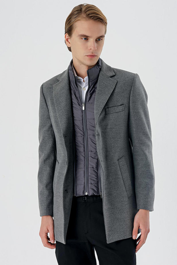 Felt Notch Lapel Quilted-Lined Slim Fit Classic Long Coat 1008235167