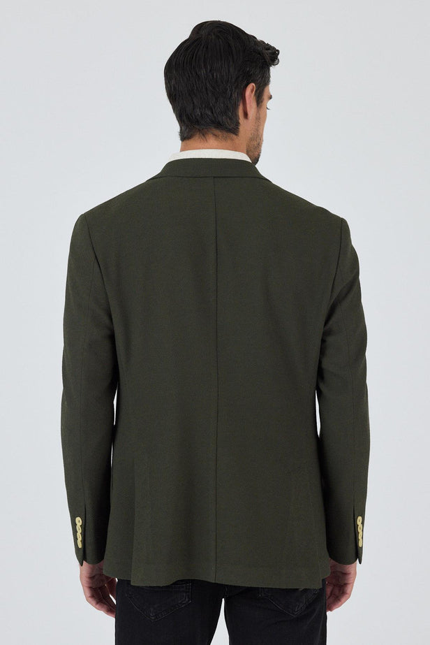 Khaki Textured Notch Lapel Stretch 6 Drop Slim Fit Casual Blazer 1002250126