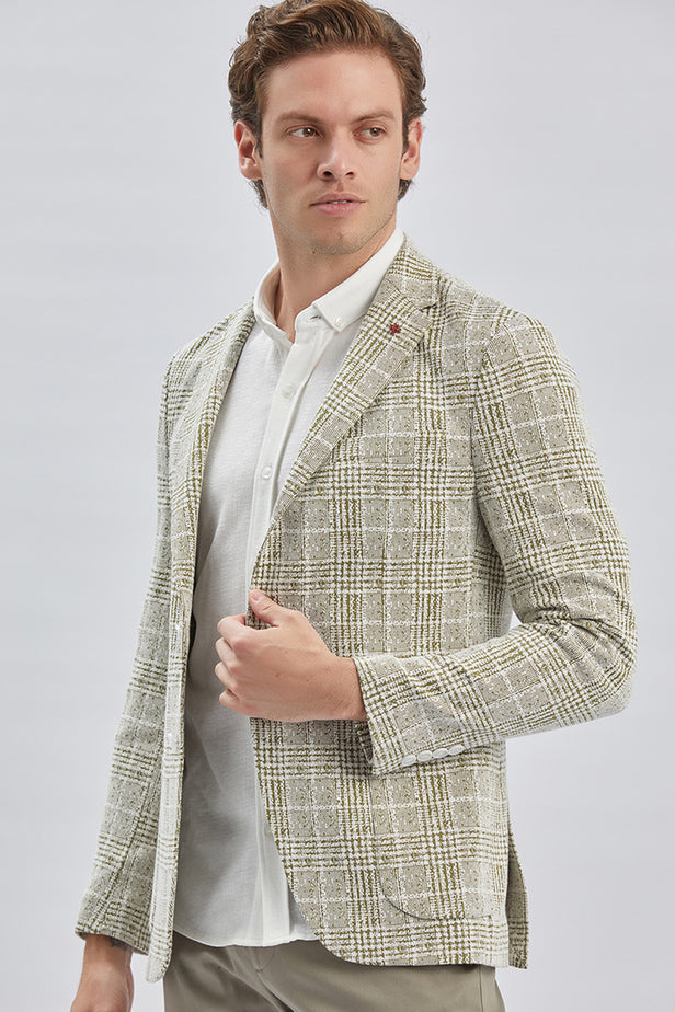 Khaki Checked Notch Lapel 2 Button 6 Drop Slim Fit Blazer 1002240158