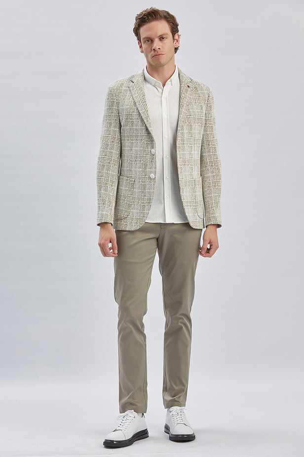 Khaki Checked Notch Lapel 2 Button 6 Drop Slim Fit Blazer 1002240158