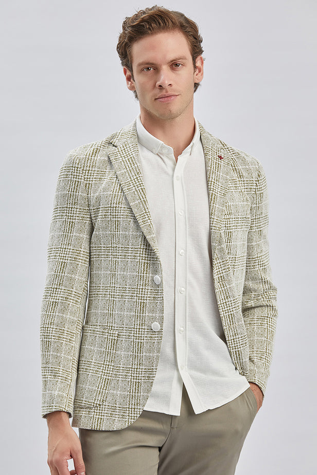Khaki Checked Notch Lapel 2 Button 6 Drop Slim Fit Blazer 1002240158