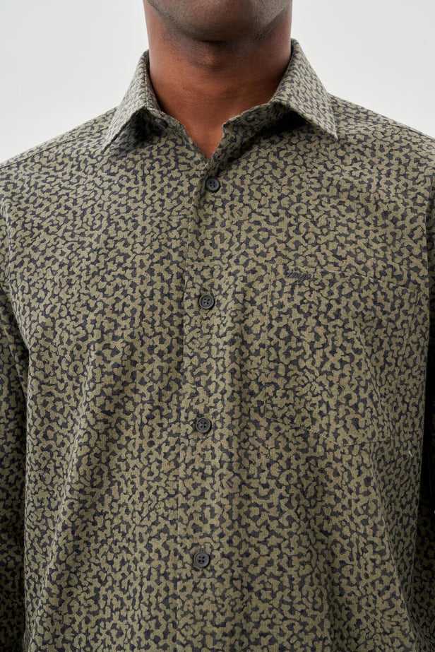 Khaki Long Sleeve Printed Plain Weave Stiff Collar Pocket Cotton Classic Comfort Fit Shirt 1004245215
