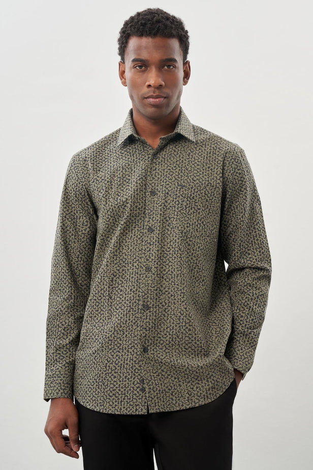 Khaki Long Sleeve Printed Plain Weave Stiff Collar Pocket Cotton Classic Comfort Fit Shirt 1004245215