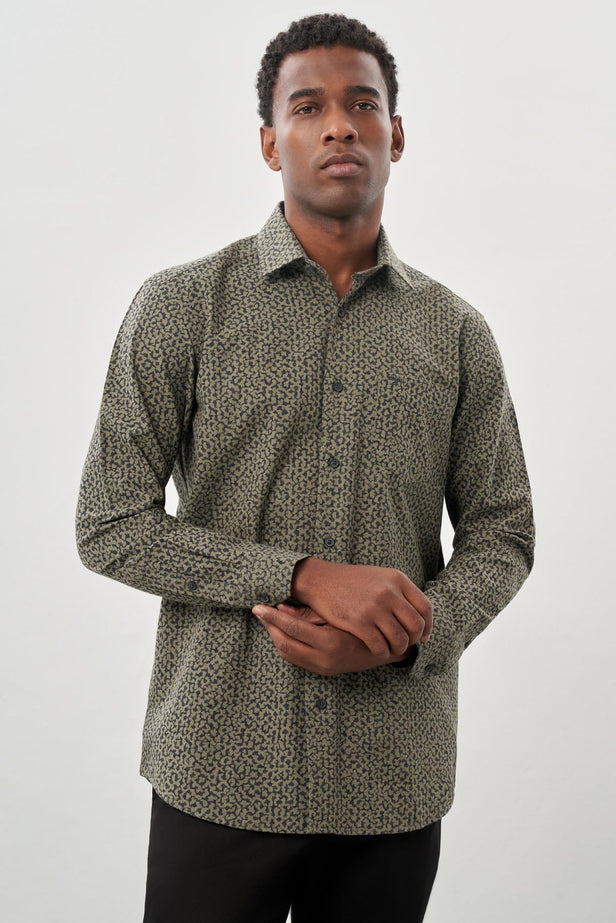 Khaki Long Sleeve Printed Plain Weave Stiff Collar Pocket Cotton Classic Comfort Fit Shirt 1004245215