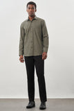 Khaki Long Sleeve Printed Plain Weave Stiff Collar Pocket Cotton Classic Comfort Fit Shirt 1004245215