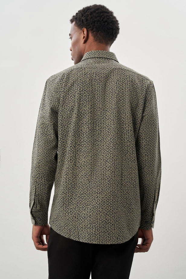 Khaki Long Sleeve Printed Plain Weave Stiff Collar Pocket Cotton Classic Comfort Fit Shirt 1004245215