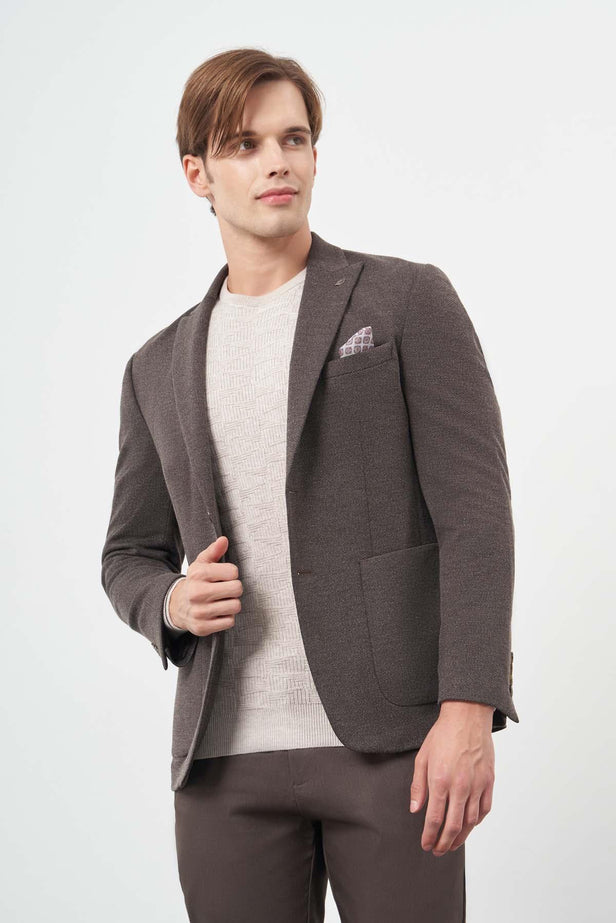 Brown Self-Patterned Knitted Wing Lapel 6 Drop Slim Fit Casual Blazer 1002245156