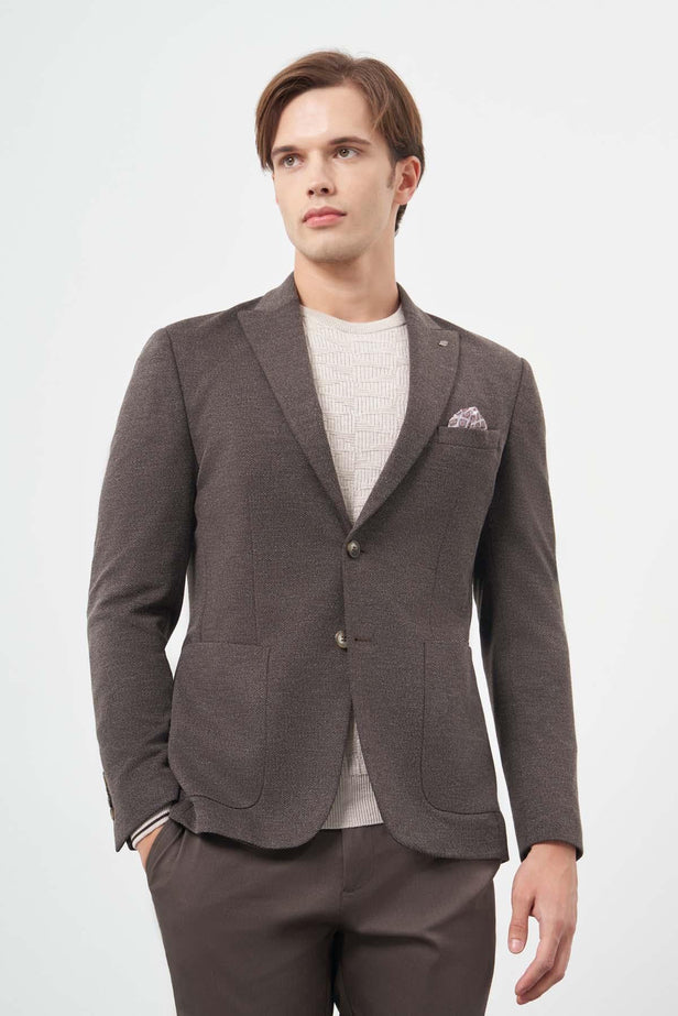 Brown Self-Patterned Knitted Wing Lapel 6 Drop Slim Fit Casual Blazer 1002245156