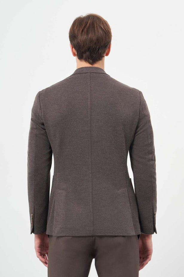 Brown Self-Patterned Knitted Wing Lapel 6 Drop Slim Fit Casual Blazer 1002245156