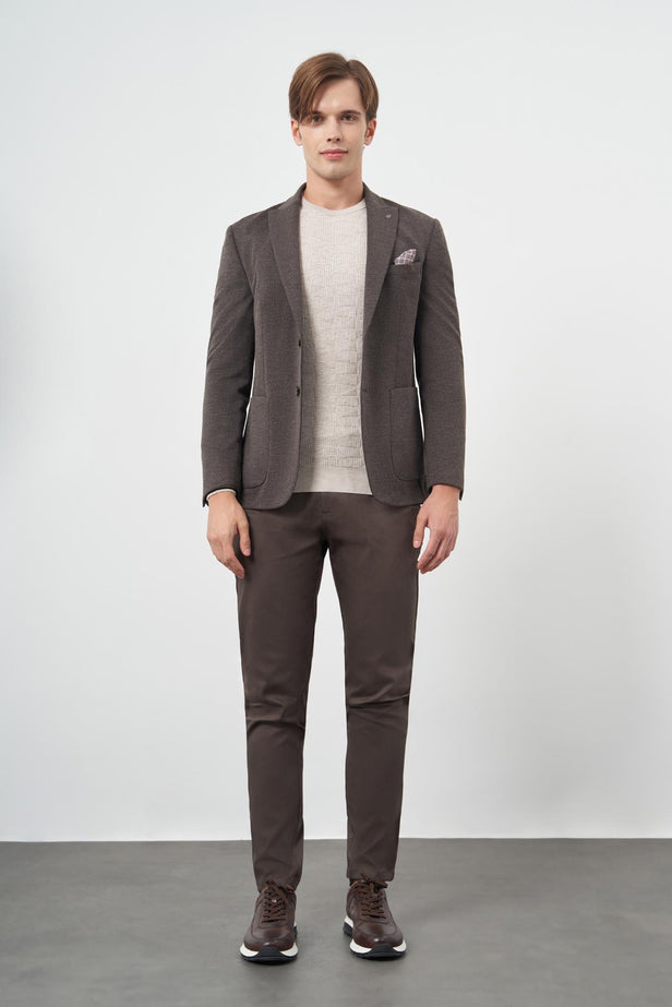 Brown Self-Patterned Knitted Wing Lapel 6 Drop Slim Fit Casual Blazer 1002245156
