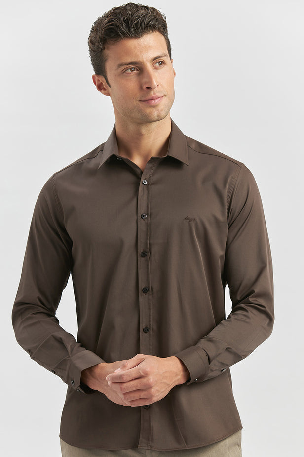 Long Sleeve Plain Weave Stiff Collar Classic Slim Fit Shirt 1004240334