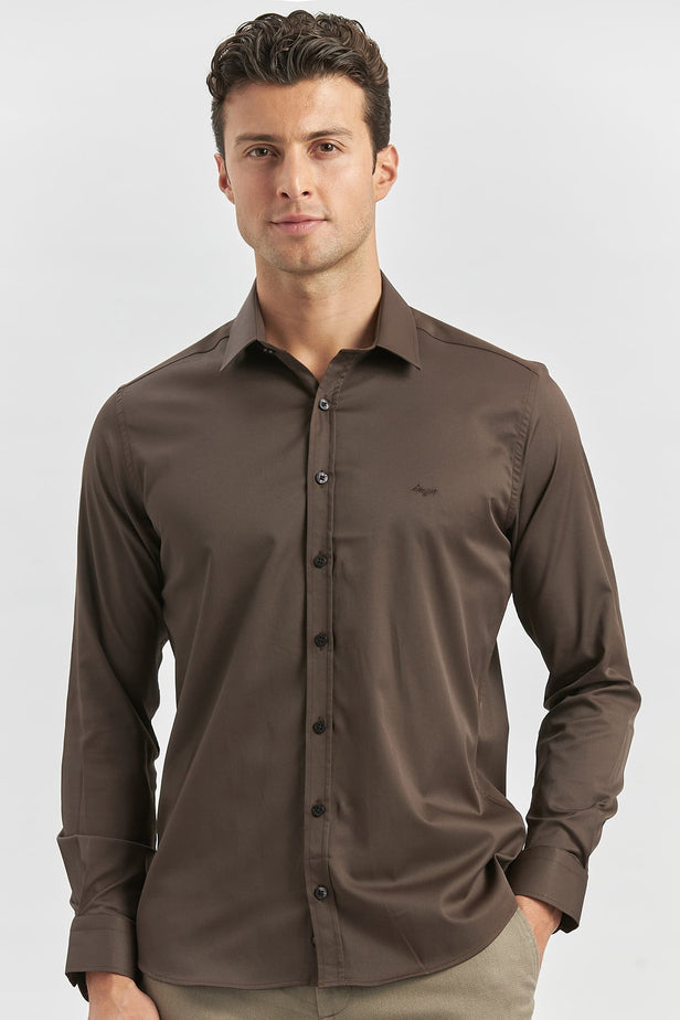 Long Sleeve Plain Weave Stiff Collar Classic Slim Fit Shirt 1004240334