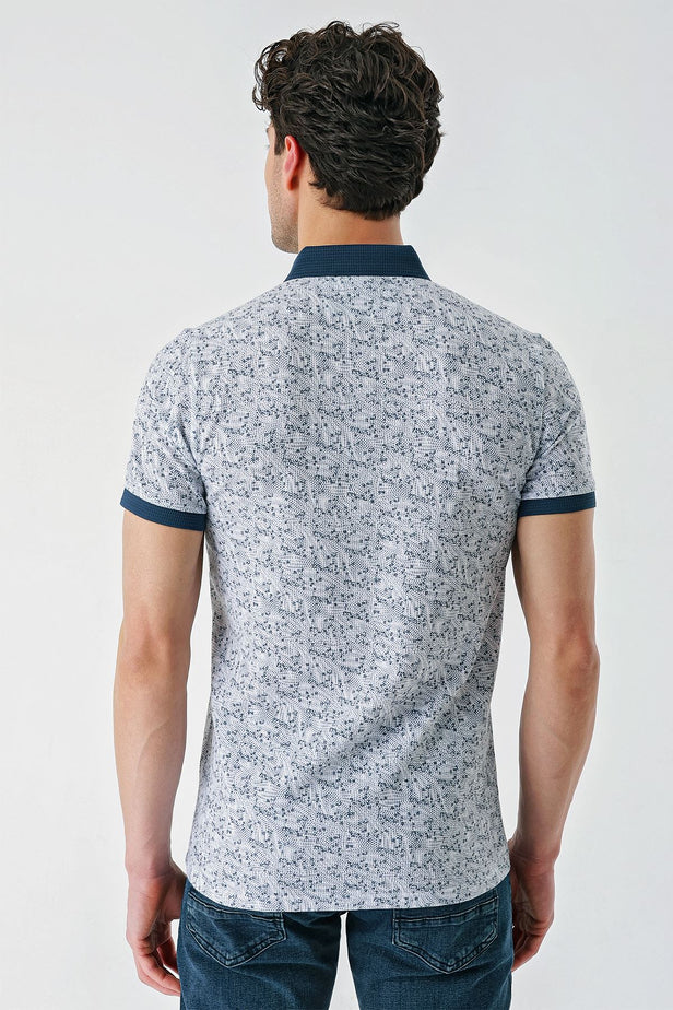 Navy Short Sleeve Printed Jacquard Button Collar Pocket Slim Fit T-Shirt 1011240173