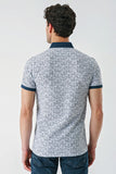 Navy Short Sleeve Printed Jacquard Button Collar Pocket Slim Fit T-Shirt 1011240173