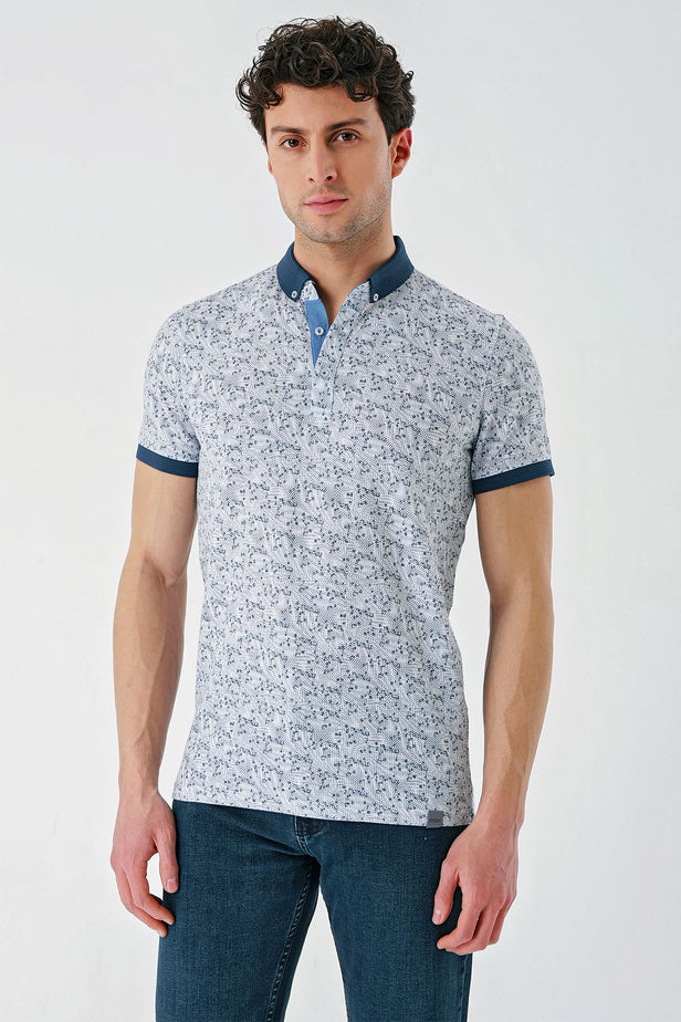 Navy Short Sleeve Printed Jacquard Button Collar Pocket Slim Fit T-Shirt 1011240173