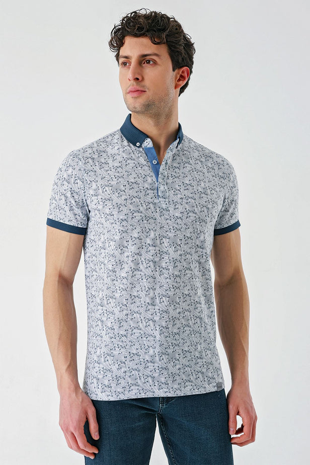 Navy Short Sleeve Printed Jacquard Button Collar Pocket Slim Fit T-Shirt 1011240173