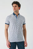 Navy Short Sleeve Printed Jacquard Button Collar Pocket Slim Fit T-Shirt 1011240173