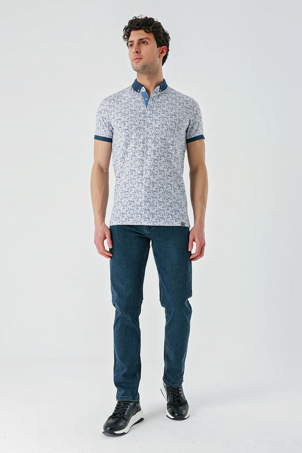 Navy Short Sleeve Printed Jacquard Button Collar Pocket Slim Fit T-Shirt 1011240173