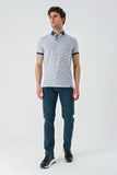 Navy Short Sleeve Printed Jacquard Button Collar Pocket Slim Fit T-Shirt 1011240173