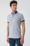 Navy Short Sleeve Printed Jacquard Button Collar Pocket Slim Fit T-Shirt 1011240173