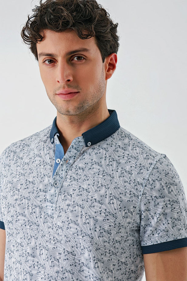 Navy Short Sleeve Printed Jacquard Button Collar Pocket Slim Fit T-Shirt 1011240173