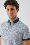 Navy Short Sleeve Printed Jacquard Button Collar Pocket Slim Fit T-Shirt 1011240173