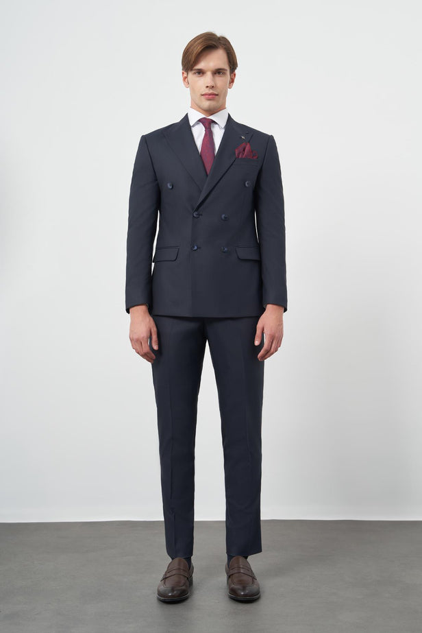 Navy Plain Weave Double-Breasted 6 Drop Slim Fit Classic Suit 1001245172