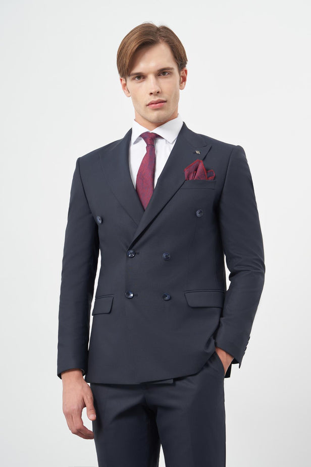 Navy Plain Weave Double-Breasted 6 Drop Slim Fit Classic Suit 1001245172