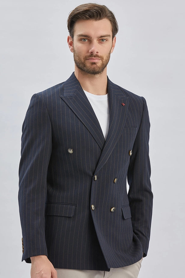 IMZA Men's Striped Double-Breasted Slim Fit Classic Blazer – 1002240159