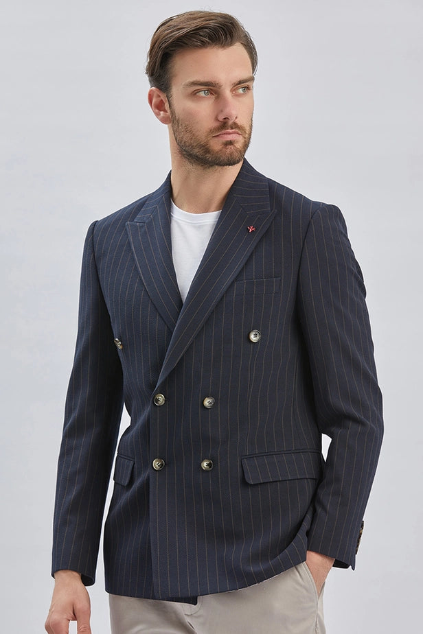 IMZA Men's Striped Double-Breasted Slim Fit Classic Blazer – 1002240159