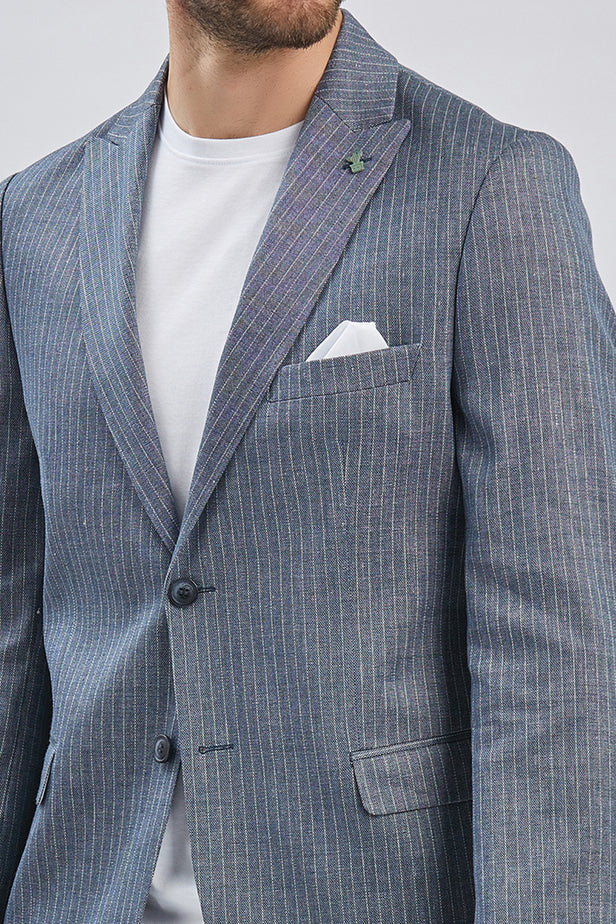 Light Beige Striped Peak Lapel Double Vent 6 Drop Comfort Fit Classic Blazer 1002240101