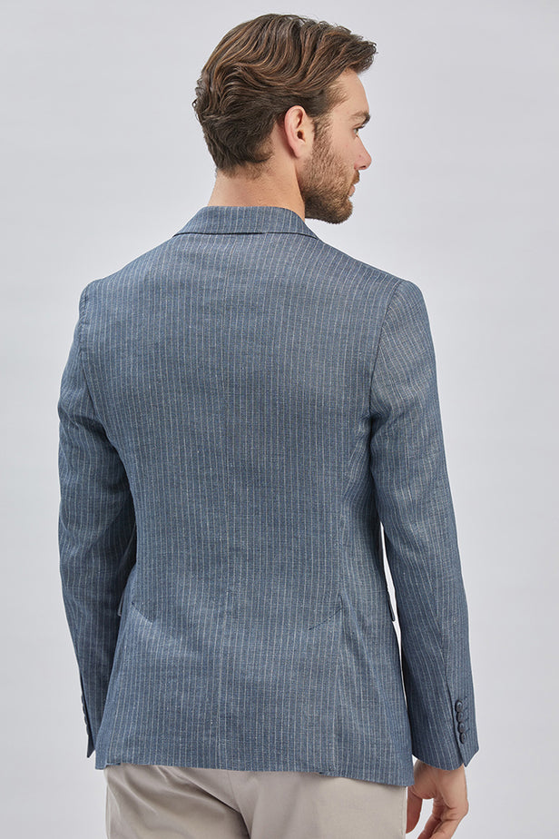 Light Beige Striped Peak Lapel Double Vent 6 Drop Comfort Fit Classic Blazer 1002240101