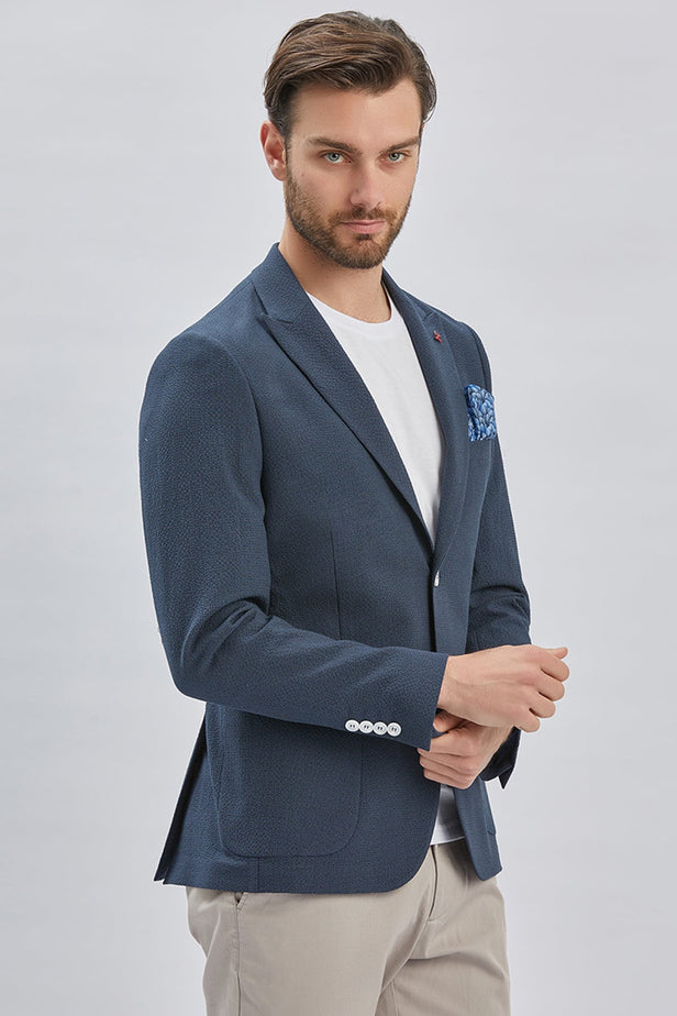 Navy Self-Patterned Peak Lapel Stretch 6 Drop Slim Fit Casual Blazer 1002240155