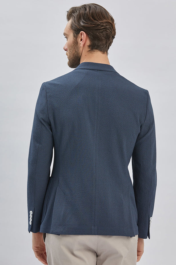 Navy Self-Patterned Peak Lapel Stretch 6 Drop Slim Fit Casual Blazer 1002240155