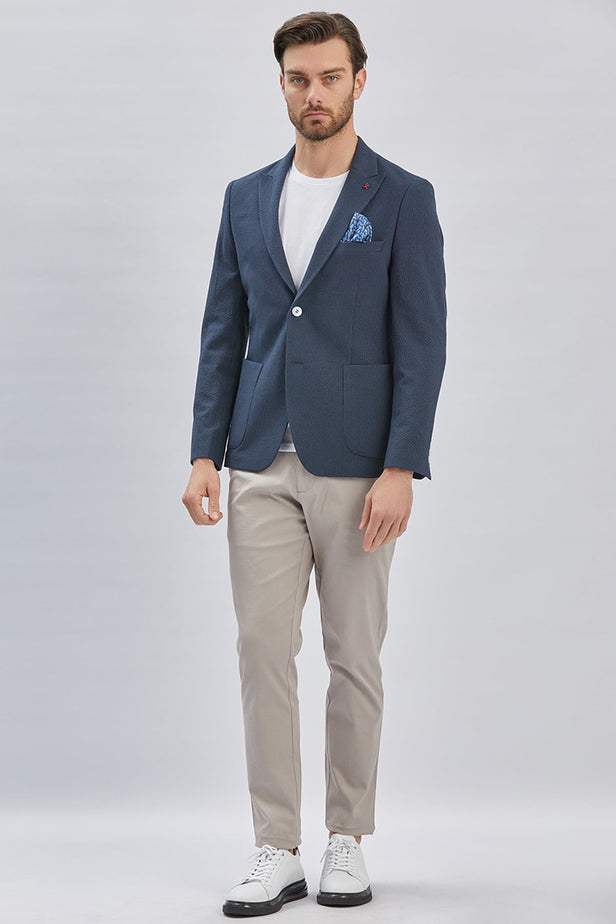 Navy Self-Patterned Peak Lapel Stretch 6 Drop Slim Fit Casual Blazer 1002240155