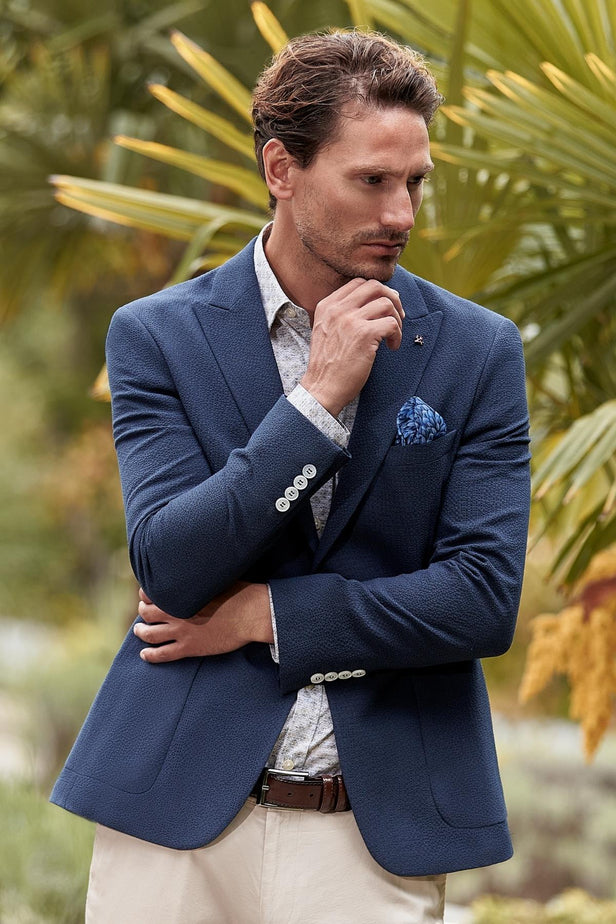 Navy Self-Patterned Peak Lapel Stretch 6 Drop Slim Fit Casual Blazer 1002240155