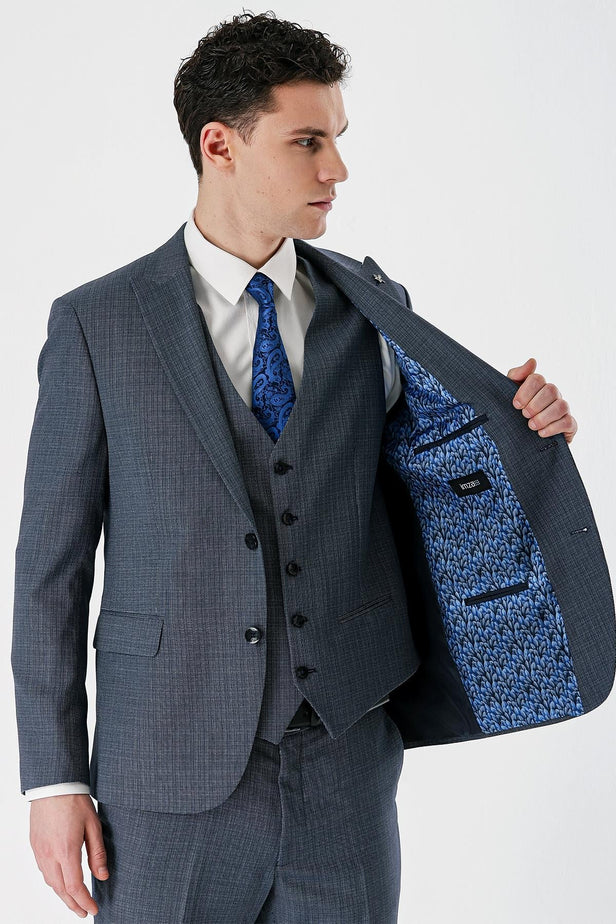 Self-Patterned Peak Lapel Suit with Vest 6 Drop Slim Fit Classic Suit 1001240157