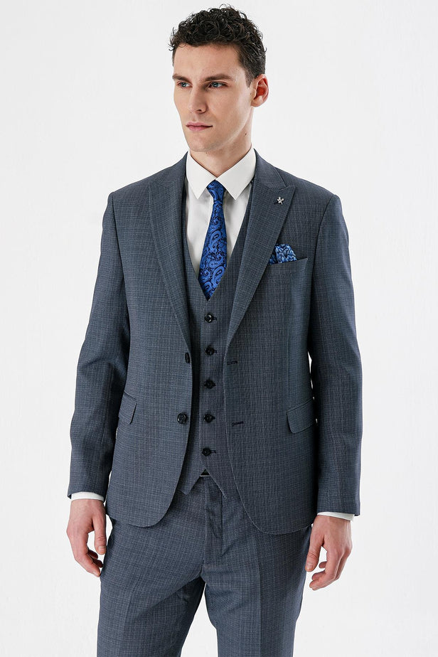 Self-Patterned Peak Lapel Suit with Vest 6 Drop Slim Fit Classic Suit 1001240157