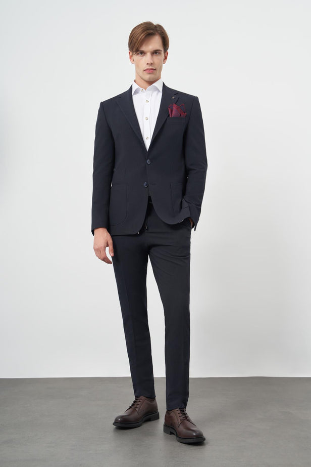 IMZA Men's Patterned Knitted Slim Fit Classic Suit – Dark Navy – 1001245174