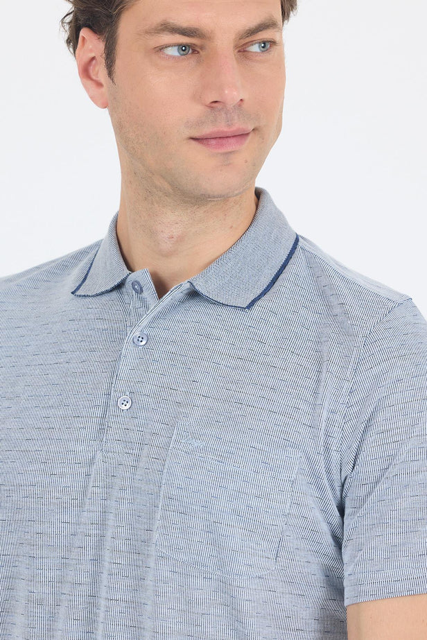 Navy Short Sleeve Self Patterned Jacquard Polo Collar Pocket Comfort Fit T-Shirt 1011250172