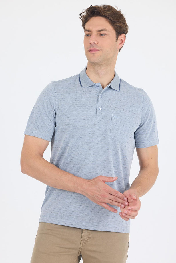 Navy Short Sleeve Self Patterned Jacquard Polo Collar Pocket Comfort Fit T-Shirt 1011250172