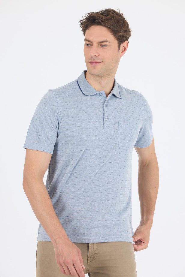 Navy Short Sleeve Self Patterned Jacquard Polo Collar Pocket Comfort Fit T-Shirt 1011250172